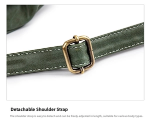 Detail of moss green matte strap with white stitching and bronze adjustable buckle