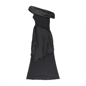 Detailed flat lay of black one-shoulder satin evening dress with elegant mesh ribbons