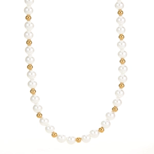 Elegant necklace with white pearls and polished gold beads on a clean white background