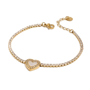 Bracciale cuore dorato con madreperla e zirconi su una catena stile tennis