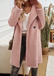 Rosafarbener Teddy-Fleece-Kapuzenmantel mit zweireihigem Design und weicher Textur