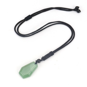 Natural green gemstone hexagonal pendant necklace with adjustable black braided rope cord