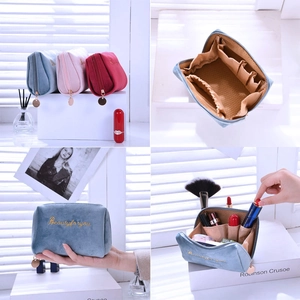 Velvet makeup bag with Beautyforyou embroidery, multiple compartments and zipper closure