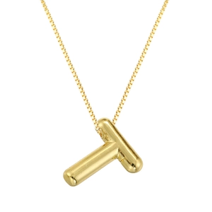 Close-up of golden balloon style T-letter pendant necklace with box chain and metal finish
