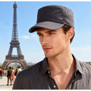 Close-up of sports style metal badge on dark grey cotton canvas flat top military cap