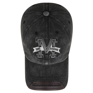 Vintage dark gray washed cotton baseball cap with 3D letter M embroidery and leather brim