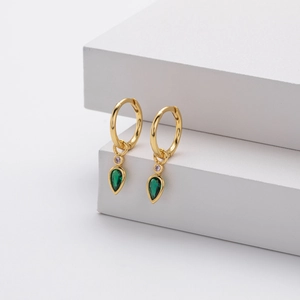 Elegant gold S925 silver hoop earrings with teardrop green zircon and small purple stone