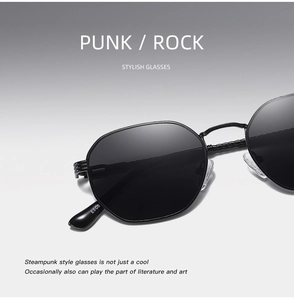 Macro view of black metal steampunk sunglasses showing woven texture and E808 model detail