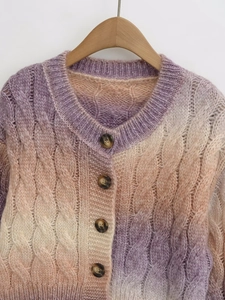 Detailed cable knit texture and ombre gradient pattern on long sleeve knit cardigan