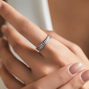 S925 sterling silver double-layer ring with pyramid studs and pavé cubic zirconia