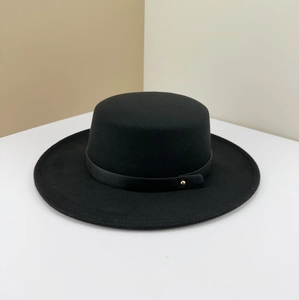 Classic black wool felt boater hat with leather band and gold buckle accent