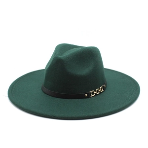 Close-up of deep green wool felt fedora featuring a black leather band and gold chain buckle