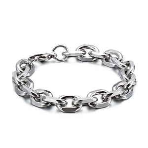 Polished silver stainless steel O-chain bracelet with flat oval links on white background