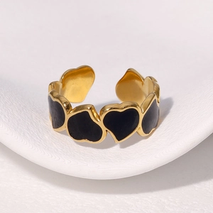 Adjustable stainless steel heart ring with black enamel details and gold plating finish