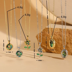 Elegant abalone shell flower necklaces in gold and silver tones with dimensions shown