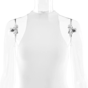 Detail of white sleeveless ruched dress fabric on transparent mannequin showing texture