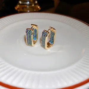 Geometric Rectangular Huggie Earrings Gold Plated Copper Colorful Blue Green Zircon Pave Set With Silver Earring Post