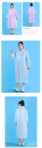 Detail of waterproof EVA raincoat showing hooded drawstring and elastic cuffs in pastel colors