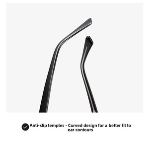 Macro detail of glossy black ergonomic sunglasses temple tips for non-slip comfort fit