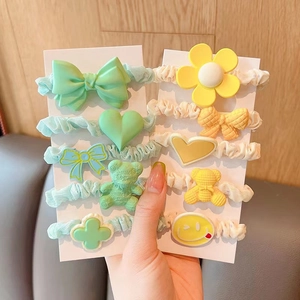 Set of 10 colorful cartoon hair scrunchies with cute bear and bow decorations for girls