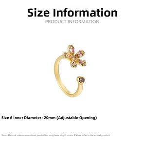 Detail view of pink zircon flower ring with adjustable gold band and 20mm diameter measurement