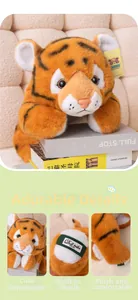 Detail of cute plush tiger toy with soft fur texture and embroidered facial expression