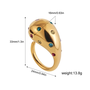 Gold plated titanium steel ring with colorful zircon water drop stones and size details
