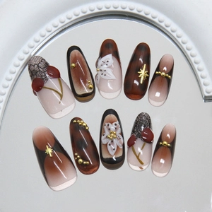 French retro 3D floral press-on nails with amber texture and gold bead accents