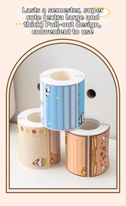 Close-up of three rolls of cartoon panda and capybara pull-out sticky notes for students