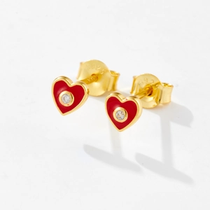 S925 sterling silver heart stud earrings in red and gold finish with white zircon