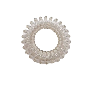 Detailed view of a transparent spiral hair tie with high-elasticity TPU phone cord structure