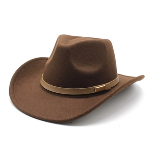 Western Cowboy Fedora Hat Woolen Felt Wide Brim Retro Classic Outdoor Accessories Leather Band Metal Buckle For Men Women