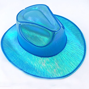 Macro detail of the holographic laser texture on this blue electric party cowboy hat