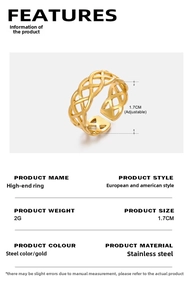 Detail specifications of 18K gold plated adjustable stainless steel ring with 1.7cm diameter