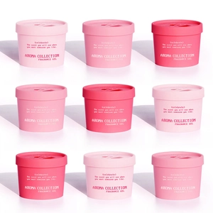 Nine jars of car fragrance gel in pink shades arranged in a 3x3 grid on a white background