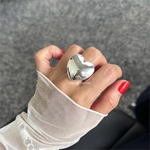 925 Sterling Silver Heart Ring Big Polished Heart Shape Minimalist Open Adjustable Korean Style Jewelry For Women
