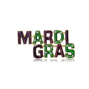 Detailed macro view of Mardi Gras rhinestone alphabet brooch with purple and green enamel