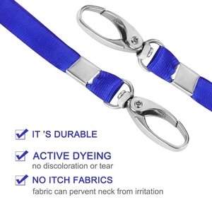 Detail of blue lanyard with durable metal swivel hook and skin-friendly fabric