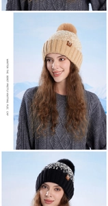 Detailed knit texture and large faux fur pom-poms on cozy winter earflap hats for women