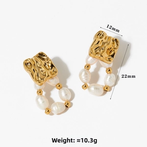Detail showing dimensions of 12mm x 22mm for these irregular gold and pearl drop earrings