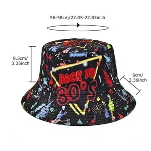 Vintage 80s neon graffiti print bucket hat showing product size dimensions 56-58cm
