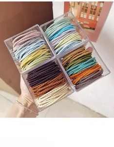 Detailed view of colorful elastic hair bands stored in clear acrylic boxes