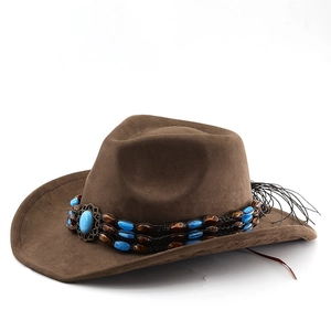 Dark brown faux suede cowboy hat with turquoise gemstone and beaded trim detailing