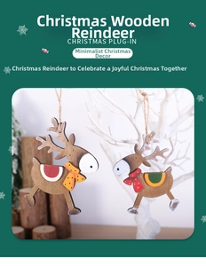 Detail of wooden Christmas reindeer ornaments with red and green scarves and twine hangers