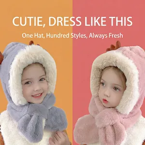 Cute warm baby hooded scarf with plush reindeer ears in grey and pink colors