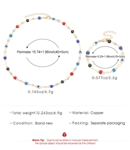 Vue technique détaillée de la parure Evil Eye avec dimensions du collier et du bracelet