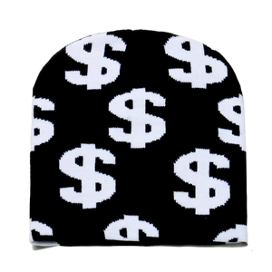 Black knit beanie with white dollar sign pattern for winter hip-hop street fashion