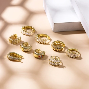 Luxurious gold geometric hoop earrings set with sparkling zircon stones for women