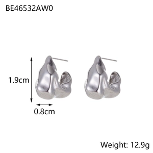 Detailed specs of silver abstract flower stud earrings in stainless steel with dimensions