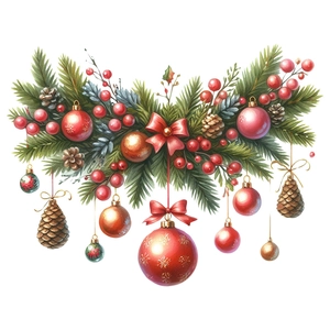 Detailed Christmas wall sticker with red berries pine cones and colorful festive baubles